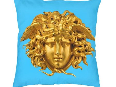 Versace Style Decorative Luxury Velvet Pillowcases Medusa Head Gold and Blue Print For Discount