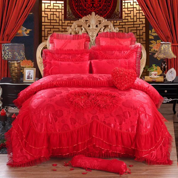 Luxury  Red Lace Princess Style Cotton Duvet Cover Bedding Set With Pillow Covers Online Sale