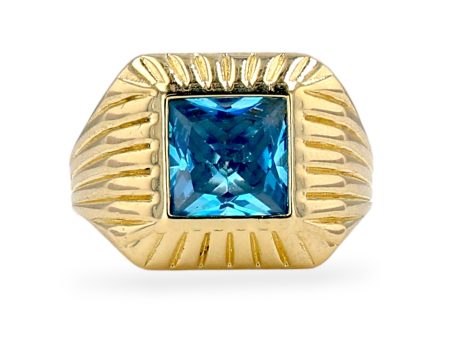 Yellow 14k gold square aqua man ring Online Hot Sale