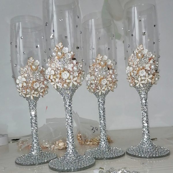 Handmade Amazing Bride and Groom Dressed In Rhinestone Led Free Crystal Champagne Wine Glasses Set of Two Sale