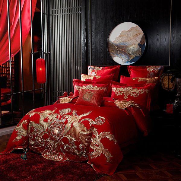 Gold Phoenix Luxury Royal Egyptian Cotton Red Duvet Cover Set Discount