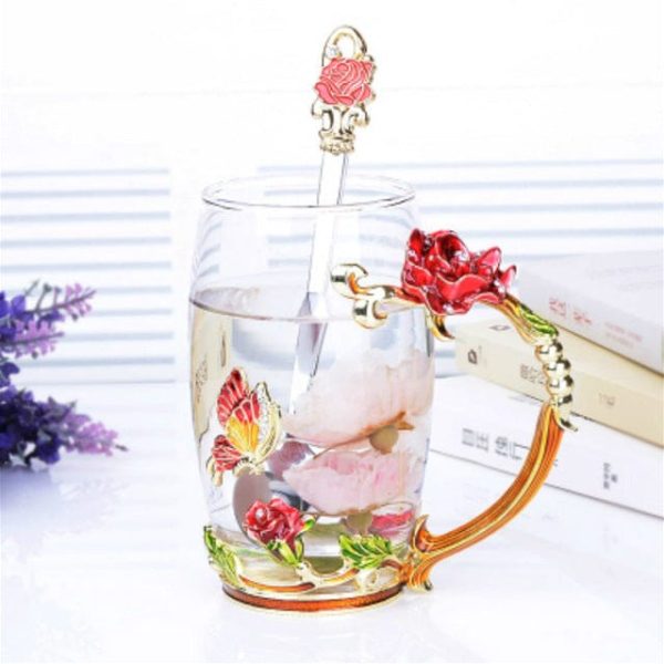 Transparent Glass Coffee Tea Mug Blue and Red Roses Heat-Resistant Cup Set with Stainless Steel Spoon, Coaster and Wipe Cloth Sale