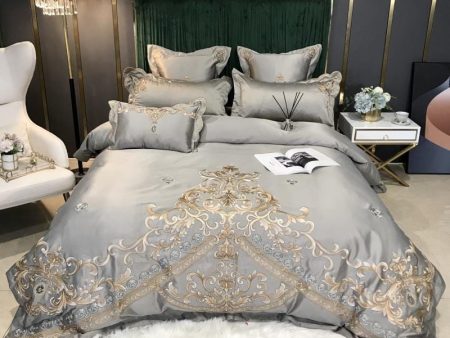 Royal Gold Embroidery Satin Cotton Luxury Gray Soft Smooth Quilt Duvet Cover Bedspread Bedding Set With Pillow Covers on Sale