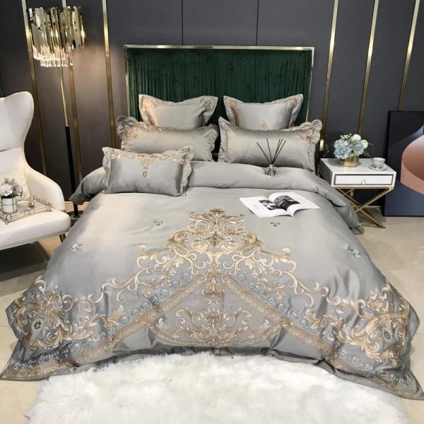 Royal Gold Embroidery Satin Cotton Luxury Gray Soft Smooth Quilt Duvet Cover Bedspread Bedding Set With Pillow Covers on Sale