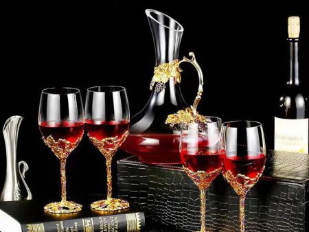 Golden Grape Vintage Enamel Lead Free Crystal Goblet Wine Glasses and Wine Decanter Cheap