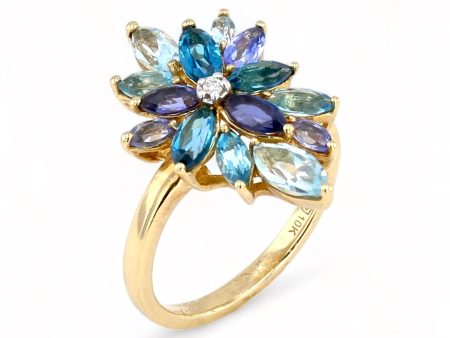 Yellow gold multi Tanzanite Topaz Sapphire Gemstone and diamond flower ring-18665 Online