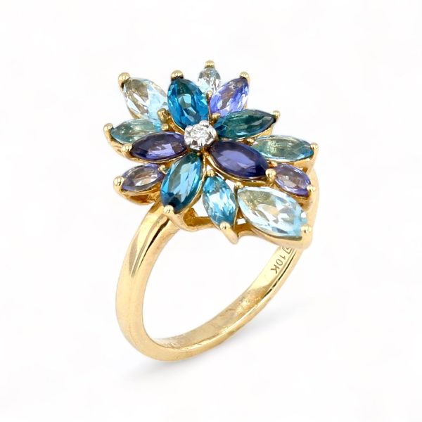 Yellow gold multi Tanzanite Topaz Sapphire Gemstone and diamond flower ring-18665 Online