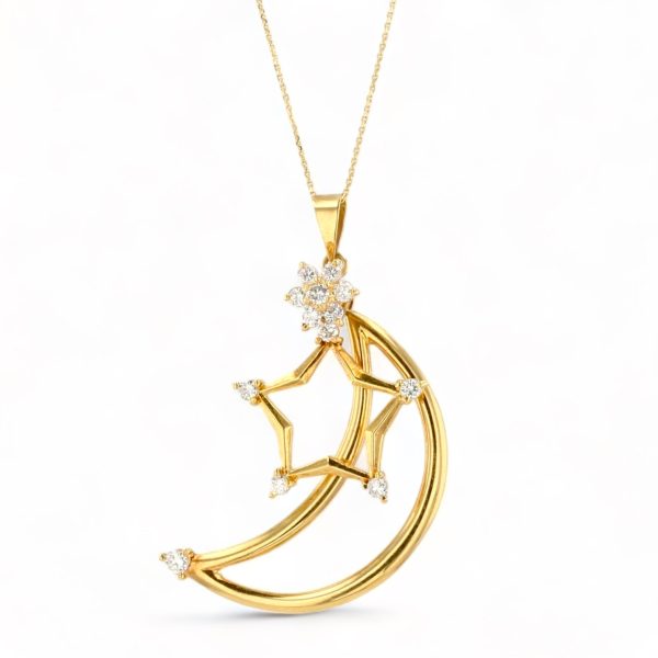 18K yellow gold high end moon star solid Vintage diamonds necklace-16677 Online Hot Sale