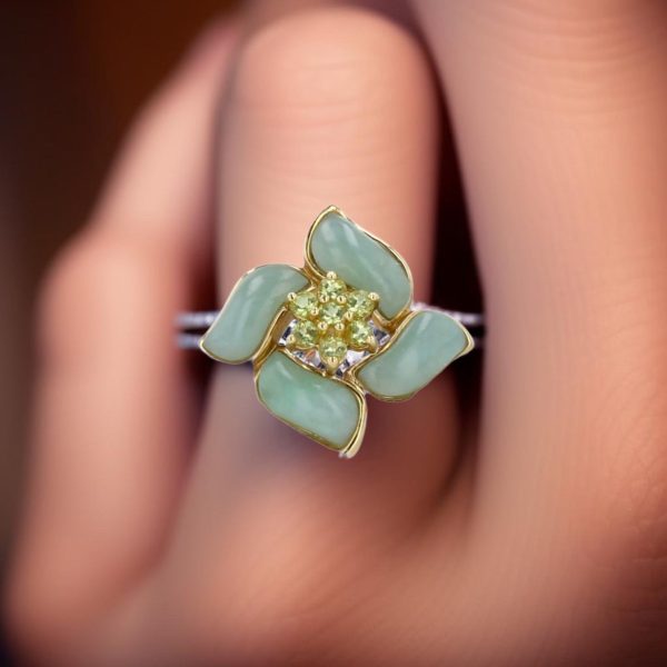 Yellow 14k gold jade flower ring Sale