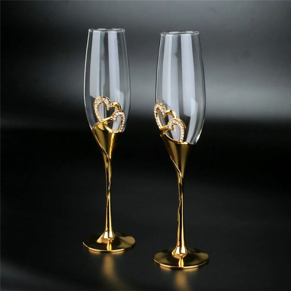 Elegant Unique Custom Made Infinity Double Hearts Wedding Led Free Crystal Champagne Wine Glasses Set of Two on Sale