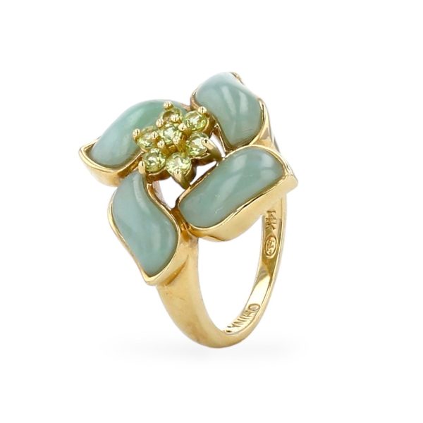 Yellow 14k gold jade flower ring Sale