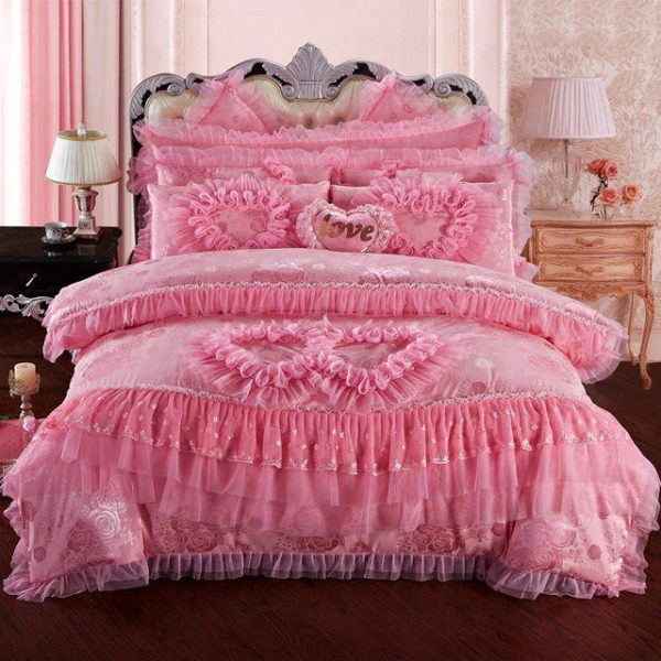 Luxury  Pink Lace Princess Syle Cotton Duvet Cover Bedding Set With Pillow Covers Online now