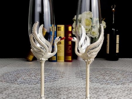 Exquisite Unique Custom Made  Swan Wedding Led Free Crystal Champagne Wine Glasses Set of Two For Sale