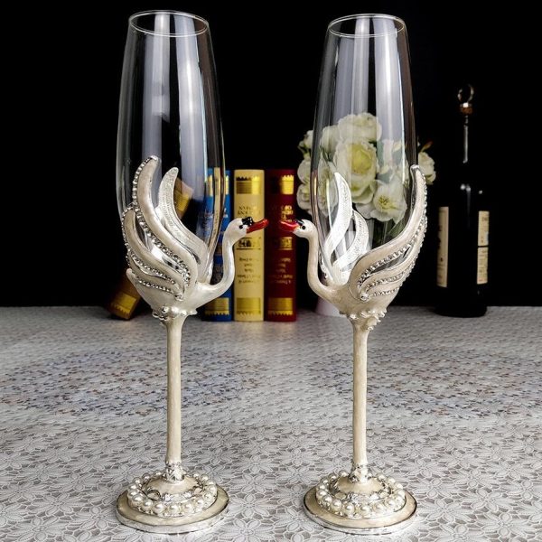 Exquisite Unique Custom Made  Swan Wedding Led Free Crystal Champagne Wine Glasses Set of Two For Sale