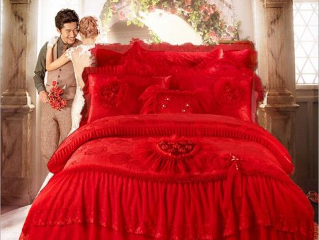 Luxury  Red Lace Princess Style Cotton Duvet Cover Bedding Set With Pillow Covers Online Sale