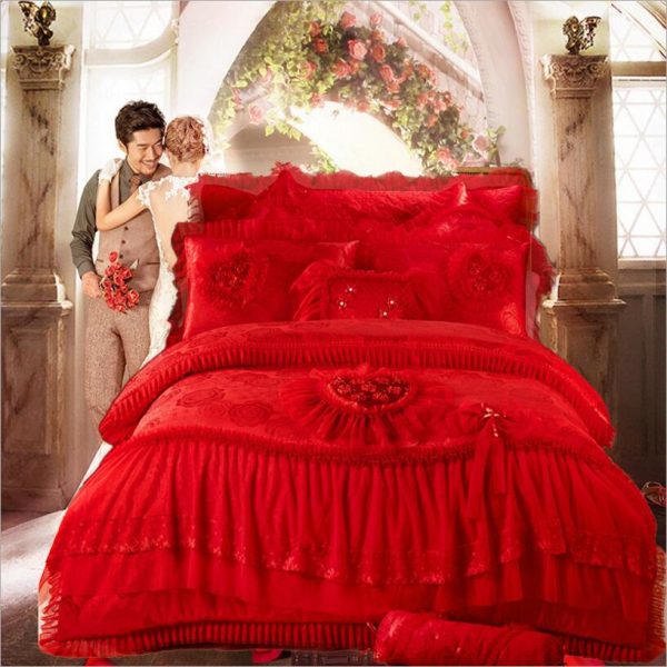 Luxury  Red Lace Princess Style Cotton Duvet Cover Bedding Set With Pillow Covers Online Sale