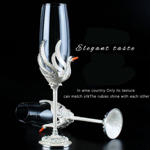 Exquisite Unique Custom Made  Swan Wedding Led Free Crystal Champagne Wine Glasses Set of Two For Sale