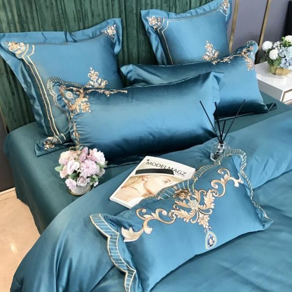 Royal Embroidery Blue  Duvet Cover Bedspread Bedding Set With Pillow Covers For Discount