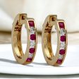 Yellow gold 14k ruby and diamonds heavy solid earrings hoops For Sale