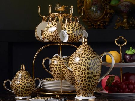 Leopard Style Luxury Coffee and Tea Porcelain 24 Karat Gold Plated Sets For Six on Sale