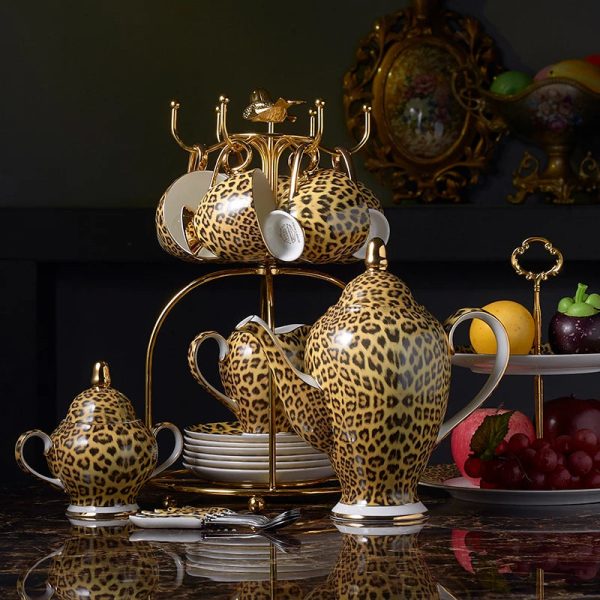 Leopard Style Luxury Coffee and Tea Porcelain 24 Karat Gold Plated Sets For Six on Sale