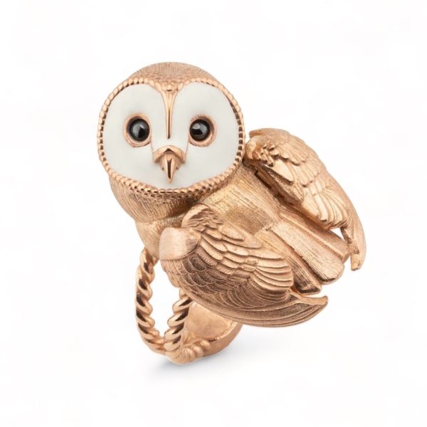 14K rose gold solid 3D handmade realistic owl ring-52903 Fashion