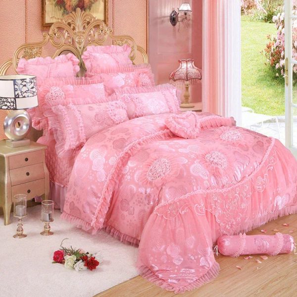 Luxury  Pink Lace Princess Syle Cotton Duvet Cover Bedding Set With Pillow Covers Online now