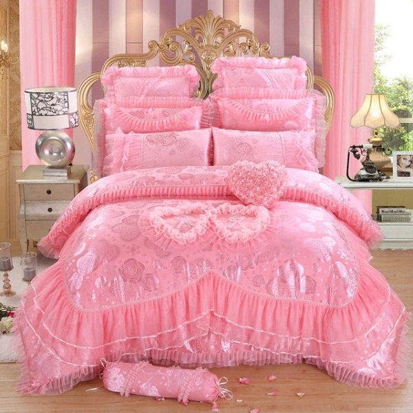 Luxury  Pink Lace Princess Syle Cotton Duvet Cover Bedding Set With Pillow Covers Online now