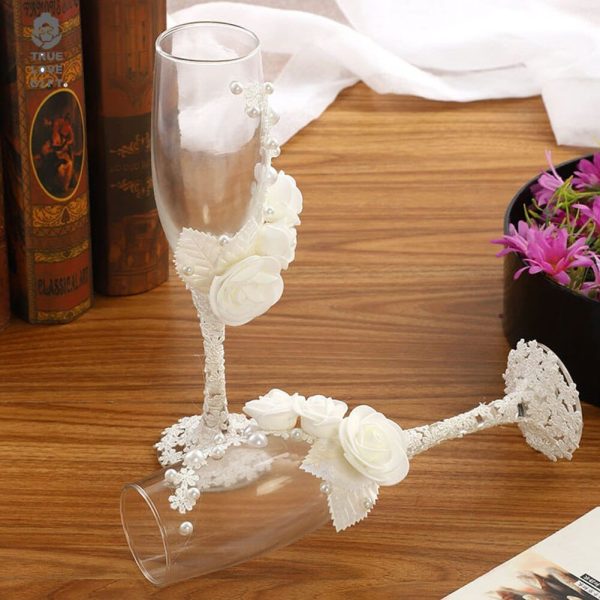 Two Bridal Groom Wedding Led Free Crystal Champagne Wine Glasses Set of Two Hot on Sale