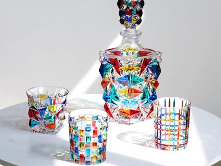 Italian Murano Design Luxury Hand Cut and Painted Colorful Stain Lead Free Crystal Glasses and Decanter Sale