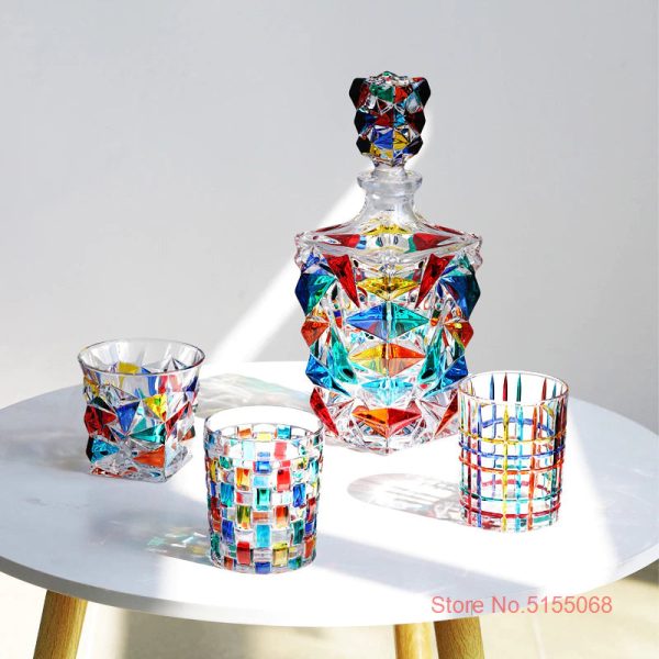 Italian Murano Design Luxury Hand Cut and Painted Colorful Stain Lead Free Crystal Glasses and Decanter Sale