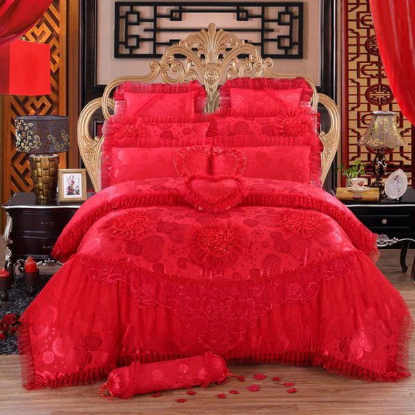 Luxury  Red Lace Princess Style Cotton Duvet Cover Bedding Set With Pillow Covers Online Sale