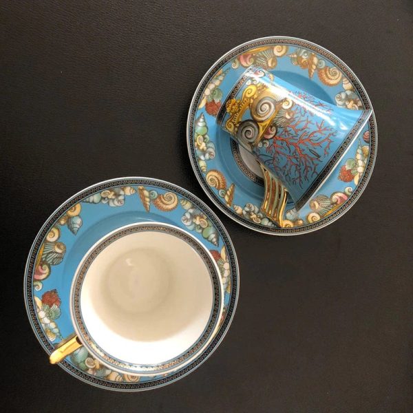 Versace Style Blue Ocean Luxury Coffee and Tea Porcelain 24 karat Gold Plated Sets For Cheap