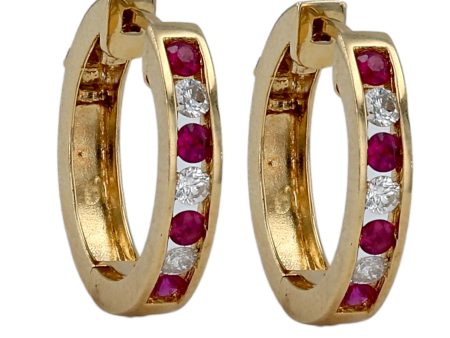 Yellow gold 14k ruby and diamonds heavy solid earrings hoops For Sale