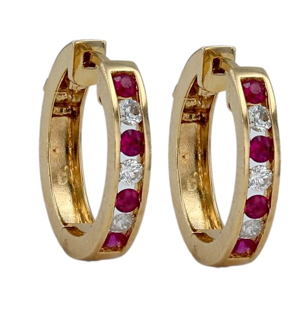 Yellow gold 14k ruby and diamonds heavy solid earrings hoops For Sale