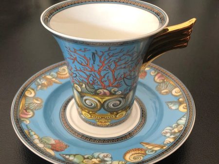 Versace Style Blue Ocean Luxury Coffee and Tea Porcelain 24 karat Gold Plated Sets For Cheap