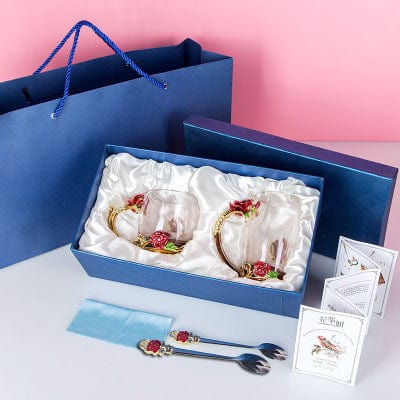 Transparent Glass Coffee Tea Mug Blue and Red Roses Heat-Resistant Cup Gift Sets Set with Stainless Steel Spoon and Coaster Cheap