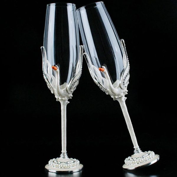 Exquisite Unique Custom Made  Swan Wedding Led Free Crystal Champagne Wine Glasses Set of Two For Sale