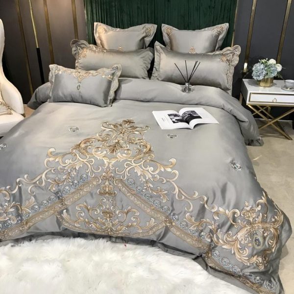 Royal Gold Embroidery Satin Cotton Luxury Gray Soft Smooth Quilt Duvet Cover Bedspread Bedding Set With Pillow Covers on Sale