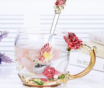 Transparent Glass Coffee Tea Mug Blue and Red Roses Heat-Resistant Cup Set with Stainless Steel Spoon, Coaster and Wipe Cloth Sale