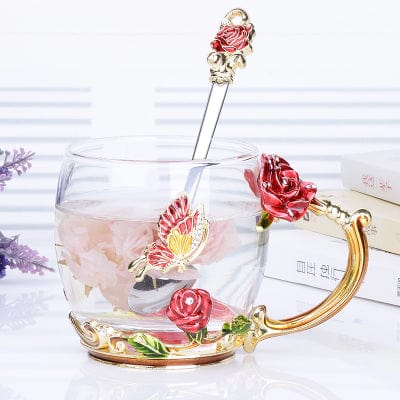 Transparent Glass Coffee Tea Mug Blue and Red Roses Heat-Resistant Cup Set with Stainless Steel Spoon, Coaster and Wipe Cloth Sale