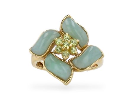 Yellow 14k gold jade flower ring Sale