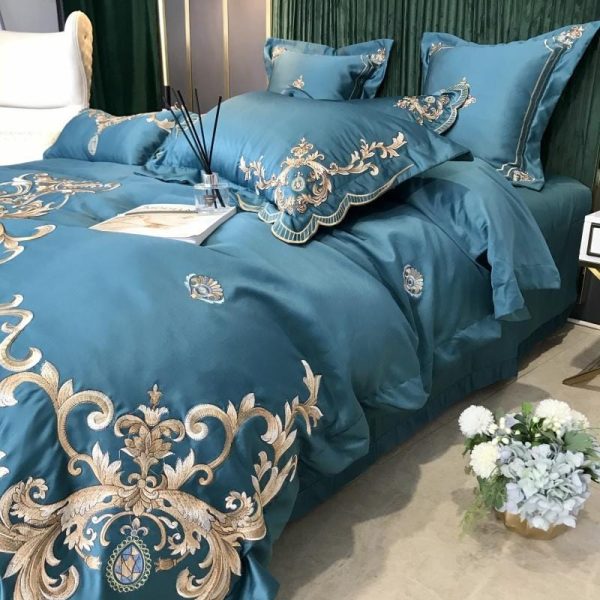 Royal Embroidery Blue  Duvet Cover Bedspread Bedding Set With Pillow Covers For Discount