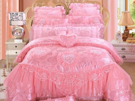 Luxury  Pink Lace Princess Syle Cotton Duvet Cover Bedding Set With Pillow Covers Online now