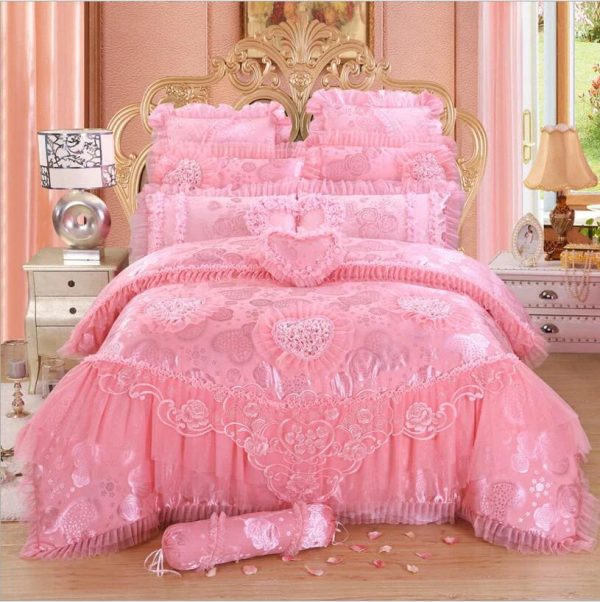 Luxury  Pink Lace Princess Syle Cotton Duvet Cover Bedding Set With Pillow Covers Online now