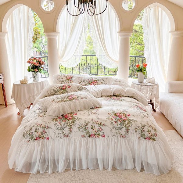 Luxury White Lace Princess Style  Cotton Duvet Cover Bedding Set With Pillow Covers Sale