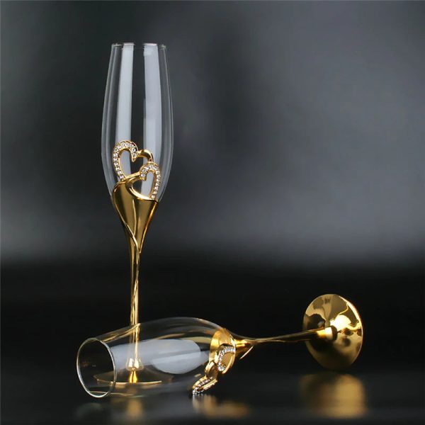 Elegant Unique Custom Made Infinity Double Hearts Wedding Led Free Crystal Champagne Wine Glasses Set of Two on Sale