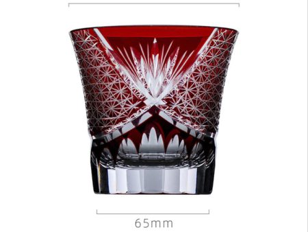 Exquisite Japanese Kiriko Style Bohemian Czech Hand Cut and Blown Lead Free Crystal Mesh Pattern Red Whisky Cocktail and Vodka Glass For Sale