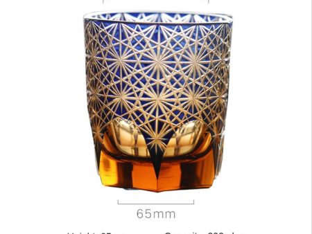 Japanese Kiriko Style Bohemian Czech Hand Cut and Blown Lead Free Crystal Blue Mesh  Amber Whisky Cocktail and Vodka Glass Cheap