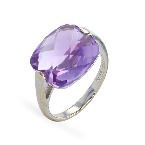 White 14k gold faceted amethyst ring For Sale